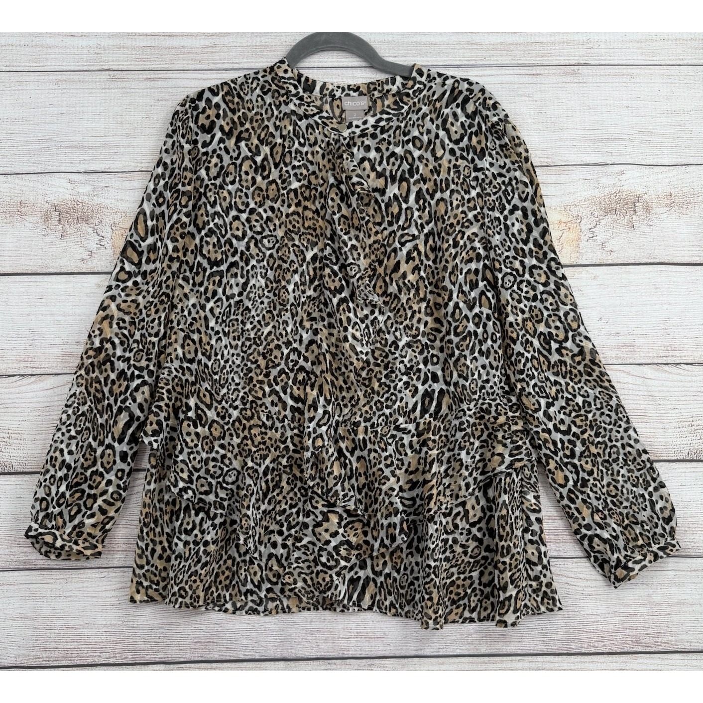 Chicos Ruffle Front Blouse Womens 2 L Leopard Print Tiered Back Long Sleeve Tan